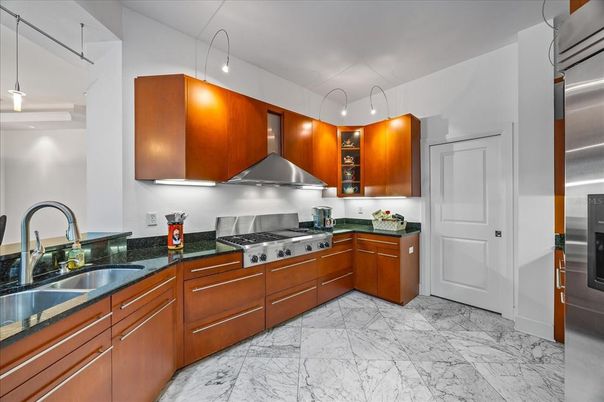 Interior, Kitchen, Marble, Pendant Lights, Stainless Steel Appliances