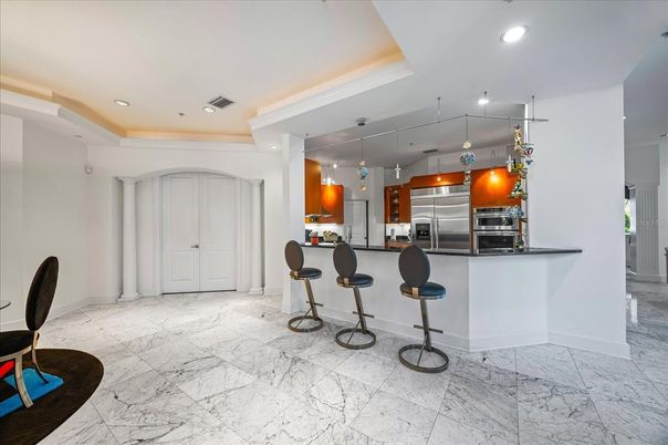 Interior, Kitchen, Marble, Pendant Lights, Recessed Lighting, Stainless Steel Appliances