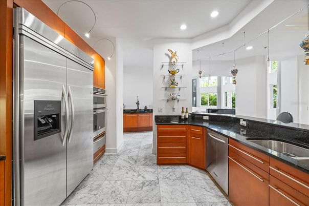 Interior, Kitchen, Marble, Pendant Lights, Recessed Lighting, Stainless Steel Appliances