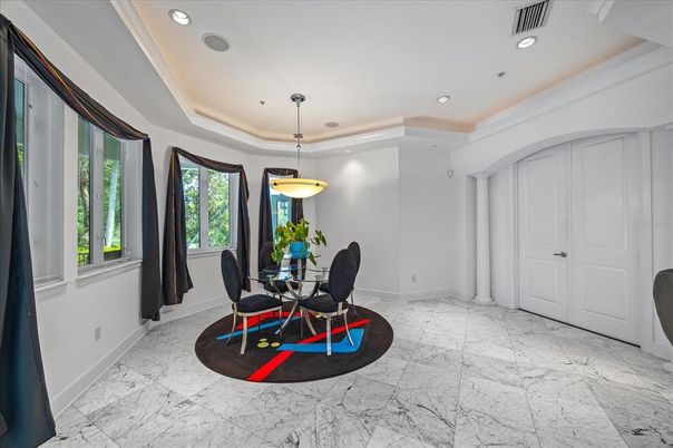 Dining room, Interior, Marble, Pendant Lights, Recessed Lighting