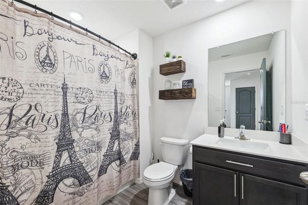Bathroom, Interior, Recessed Lighting, Wood Texture Flooring