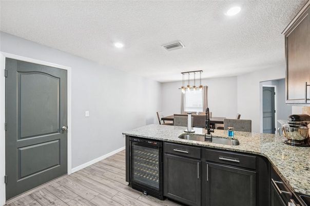 Dining room, Interior, Kitchen, Pendant Lights, Recessed Lighting, Wood Texture Flooring