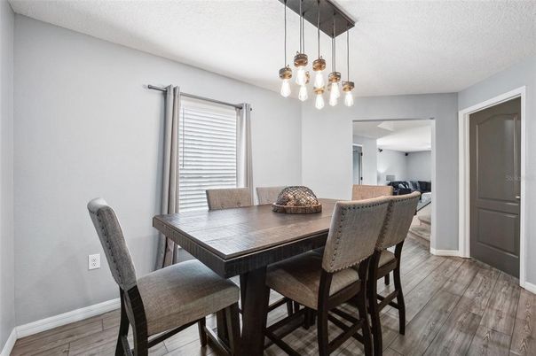 Dining room, Interior, Pendant Lights, Wood Texture Flooring