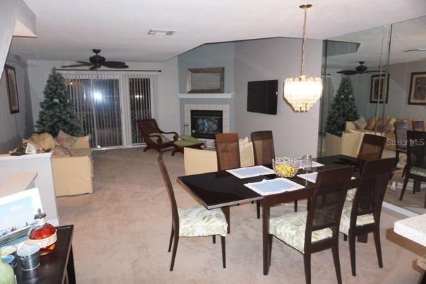 Dining room, Fireplace, Interior, Living room, Pendant Lights