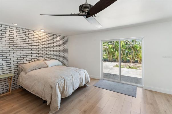 Bedroom, Interior, Recessed Lighting, Stone Walls, Wood Texture Flooring