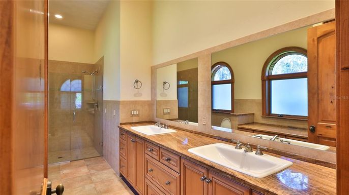 Bathroom, Dual Sink Vanities, Glass Shower, Interior, Recessed Lighting