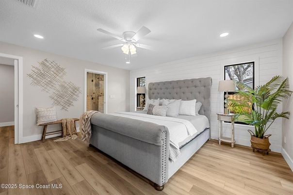 Bedroom, Interior, Recessed Lighting, Wood Texture Flooring
