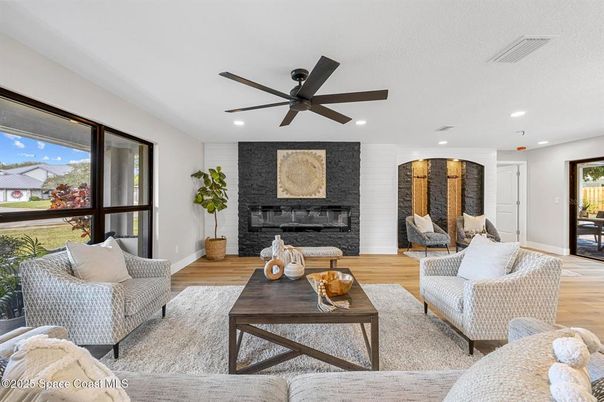 Fireplace, Interior, Living room, Recessed Lighting, Wood Texture Flooring