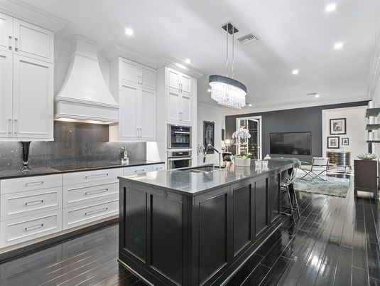 Chandelier, Interior, Kitchen, Recessed Lighting, Stainless Steel Appliances, Wood Texture Flooring