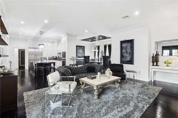 Dining room, Interior, Kitchen, Living room, Pendant Lights, Recessed Lighting, Stainless Steel Appliances, Wood Texture Flooring