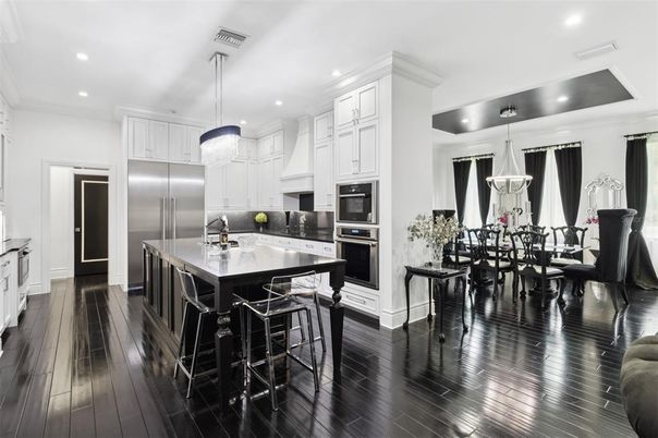 Dining room, Interior, Kitchen, Pendant Lights, Recessed Lighting, Stainless Steel Appliances, Wood Texture Flooring