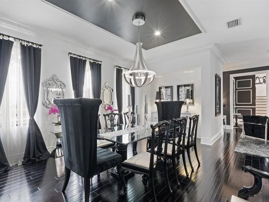 Dining room, Interior, Pendant Lights, Wood Texture Flooring