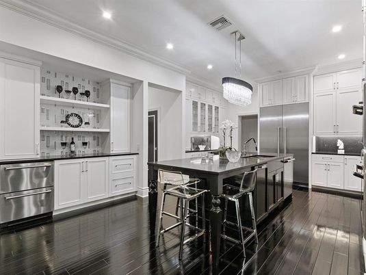 Chandelier, Dining room, Interior, Kitchen, Recessed Lighting, Stainless Steel Appliances, Wood Texture Flooring