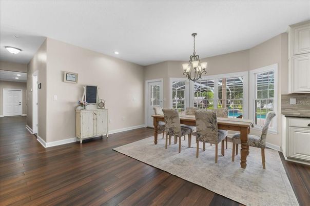 Chandelier, Dining room, Interior, Recessed Lighting, Wood Texture Flooring