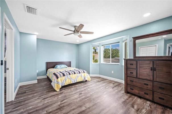 Bedroom, Interior, Recessed Lighting, Wood Texture Flooring