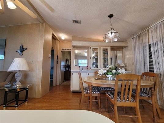 Dining room, Interior, Pendant Lights, Wood Texture Flooring