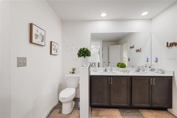 Bathroom, Dual Sink Vanities, Interior, Recessed Lighting, Wood Texture Flooring
