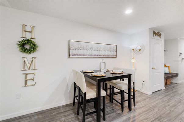 Dining room, Interior, Recessed Lighting, Wood Texture Flooring