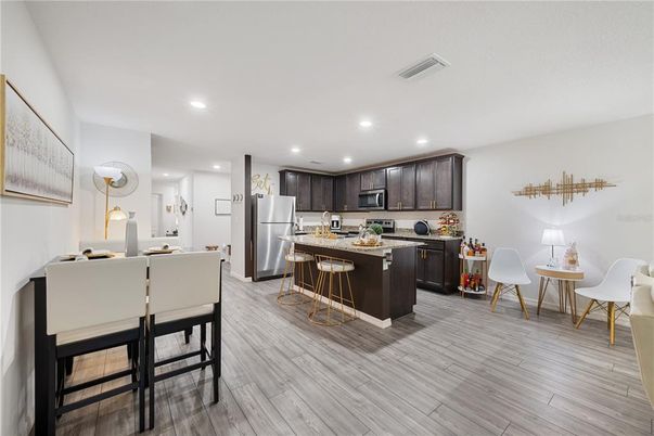 Dining room, Interior, Kitchen, Recessed Lighting, Wood Texture Flooring