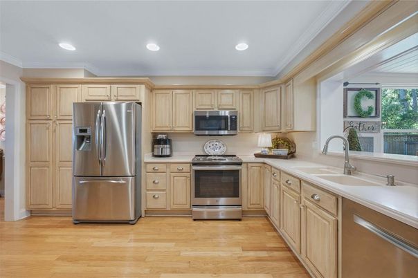 Interior, Kitchen, Recessed Lighting, Stainless Steel Appliances, Wood Texture Flooring