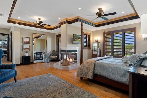 Bedroom, Fireplace, Interior, Recessed Lighting, Wood Texture Flooring