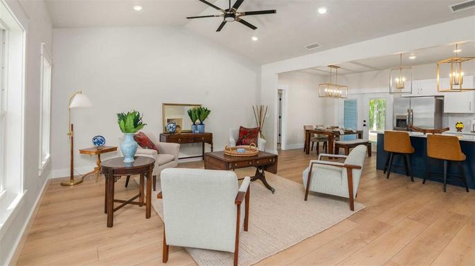 Dining room, Interior, Kitchen, Living room, Pendant Lights, Recessed Lighting, Stainless Steel Appliances, Wood Texture Flooring