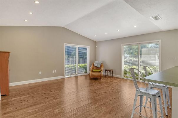 Dining room, Interior, Recessed Lighting, Wood Texture Flooring