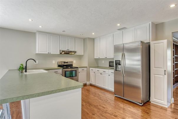 Interior, Kitchen, Recessed Lighting, Stainless Steel Appliances, Wood Texture Flooring