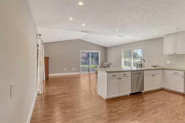 Interior, Kitchen, Recessed Lighting, Wood Texture Flooring