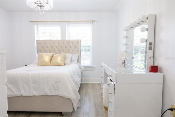 Bedroom, Chandelier, Interior, Wood Texture Flooring