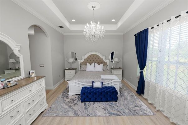 Bedroom, Chandelier, Interior, Recessed Lighting, Wood Texture Flooring