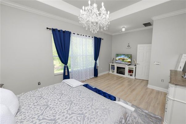 Bedroom, Chandelier, Interior, Wood Texture Flooring