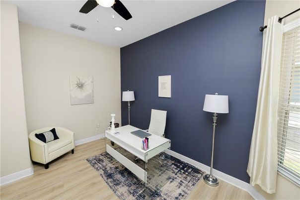 Home Office, Interior, Recessed Lighting, Wood Texture Flooring