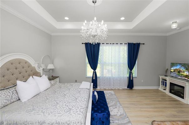 Bedroom, Chandelier, Interior, Recessed Lighting, Wood Texture Flooring