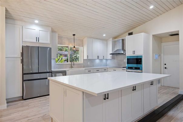 Interior, Kitchen, Pendant Lights, Recessed Lighting, Stainless Steel Appliances, Wooden Ceilings, Wood Texture Flooring
