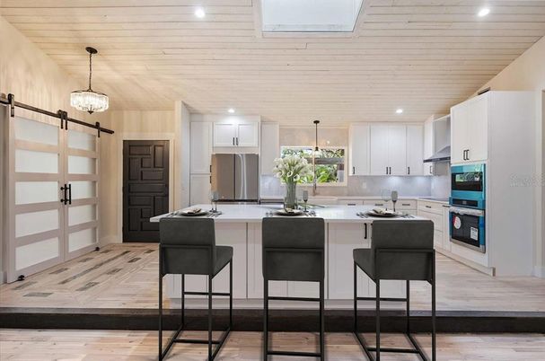 Interior, Kitchen, Pendant Lights, Recessed Lighting, Stainless Steel Appliances, Wood Texture Flooring