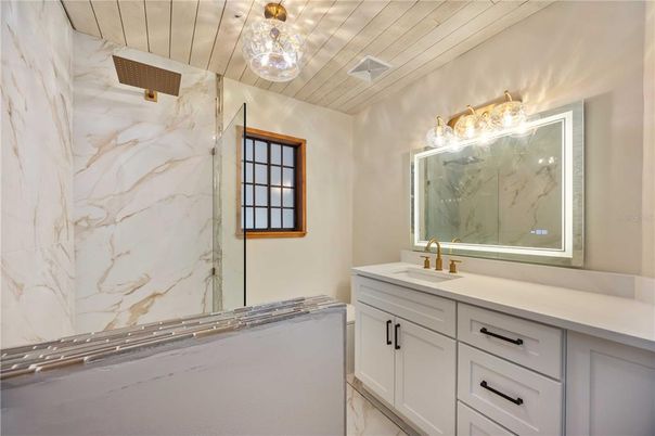 Bathroom, Empty room, Free Standing Baths, Interior, Recessed Lighting, Wood Texture Flooring