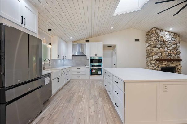 Interior, Kitchen, Pendant Lights, Recessed Lighting, Stainless Steel Appliances, Wooden Ceilings, Wood Texture Flooring