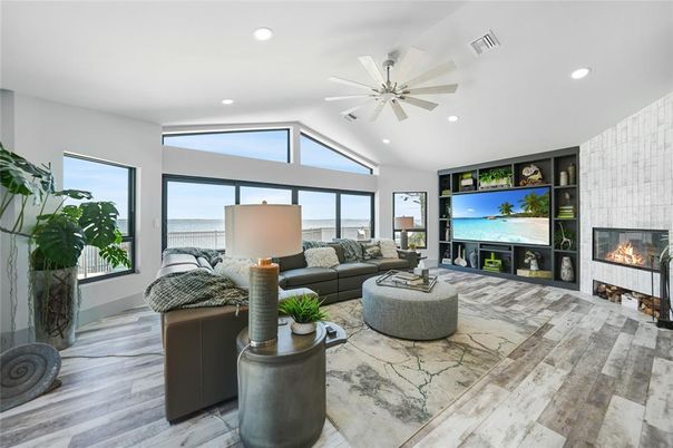 Fireplace, Interior, Living room, Recessed Lighting, Wood Texture Flooring