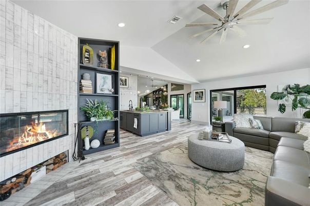Fireplace, Interior, Living room, Recessed Lighting, Wood Texture Flooring