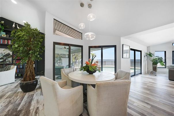 Dining room, Interior, Pendant Lights, Recessed Lighting, Water, Wood Texture Flooring
