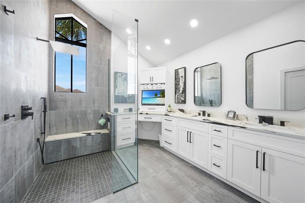 Bathroom, Dual Sink Vanities, Glass Shower, Interior, Recessed Lighting