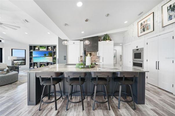 Interior, Kitchen, Living room, Pendant Lights, Recessed Lighting, Stainless Steel Appliances, Wood Texture Flooring