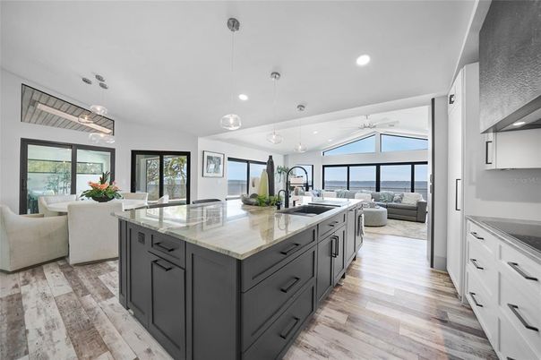Dining room, Interior, Kitchen, Living room, Pendant Lights, Recessed Lighting, Water, Wood Texture Flooring
