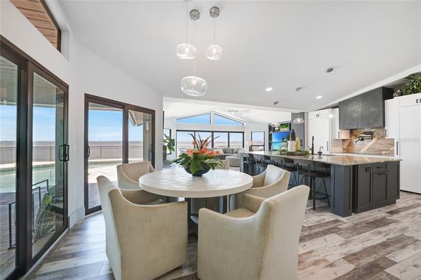 Dining room, Interior, Kitchen, Pendant Lights, Recessed Lighting, Wood Texture Flooring
