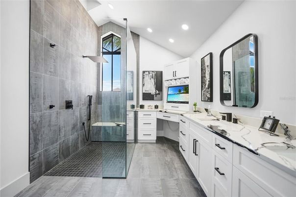 Bathroom, Dual Sink Vanities, Glass Shower, Interior, Recessed Lighting