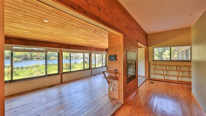 Empty room, Interior, Recessed Lighting, Water, Wooden Ceilings, Wood Texture Flooring, Wooden Walls