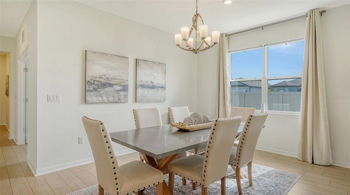 Chandelier, Dining room, Interior, Recessed Lighting, Wood Texture Flooring