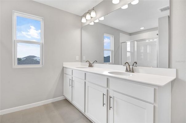Bathroom, Dual Sink Vanities, Interior, Recessed Lighting, Wood Texture Flooring