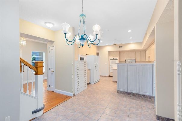 Chandelier, Interior, Kitchen, Recessed Lighting, Wood Texture Flooring